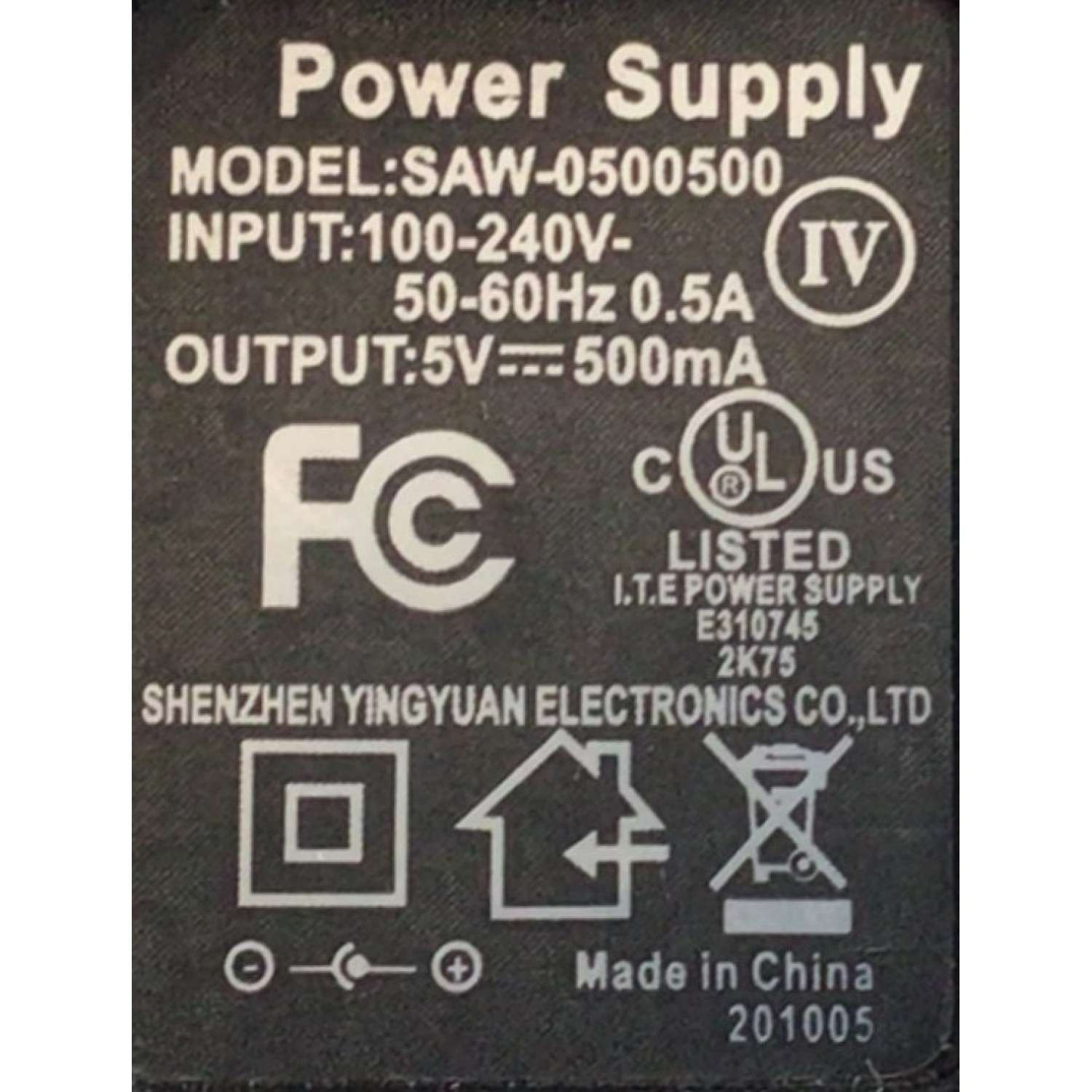 CARGADOR / ADAPTADOR DE FUENTE DE ALIMENTACION POWER SUPPLY VCA-VCD / NUMERO DE PARTE SAW-0500500 / ENTRADA VCA 100-240V~ 50-60HZ 0.5A / SALIDA VCD 5V 500MA / MODELO SAW-0500500 - Imagen 3
